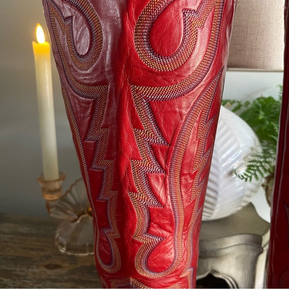 Vtg LARRY MAHAN 80s Exotic Lizard Tall Western Cowboy Cowgirl Boots 8 B Red - Picture 13 of 16